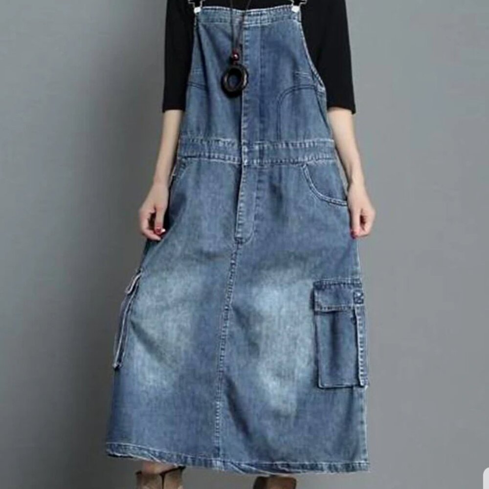 Denim Cargo Overalls Dress with Zipper Size M NWTO - Picture 9 of 9